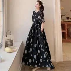 夏にぴったり♪ゆったりドット柄ロングワンピース 女子会デートに最適❤️