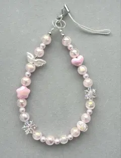 ビーズストラップ　ピンク　夜光　雪