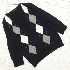 『コムサイズム』 (L) ウール混アーガイルチェックニット 深Ｖネック