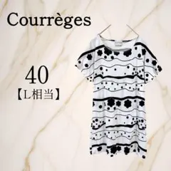 クレージュ【L】花柄半袖カットソー チュニック丈 モノトーン コットン混 日本製