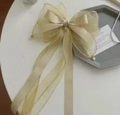 ベージュ リボン ヘアピン パール付き