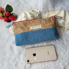 革風生地 × デニム生地のコンビネーションポーチ (ファスナー：赤) 369