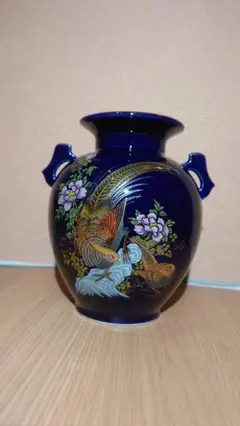 九谷焼 花瓶 壺 瑠璃紺 金彩 花鳥図 和風インテリア