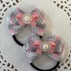 ハンドメイド キッズリボンヘアゴム2個セット パープル 紫 チェック