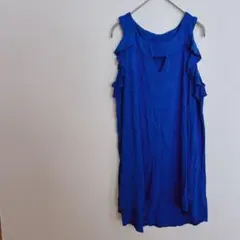 【M】フリル付きノースリーブ ワンピース 青 ブルー 短丈