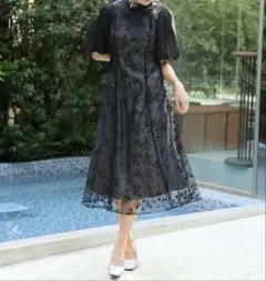 刺繍レース ワンピース パーティードレス ブラックL 二の腕カバー　体型カバー