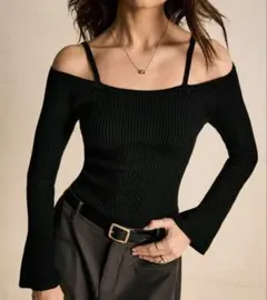 ブラック オフショルダー リブニット