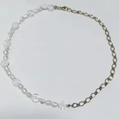 ホワイト ミルフィオリ 淡水パール ハーフチェーン ネックレス クリア ゴールド