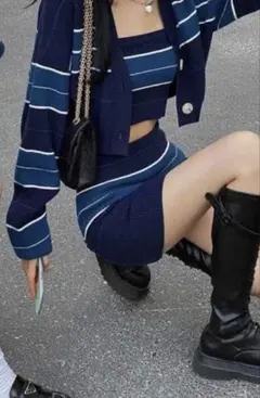 ストライプ セットアップ ブルー ネイビー ミニスカート タイト