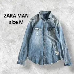 ザラマン デニムシャツ ブルー ダメージ加工 ボタンアップ 襟付長袖 a3637