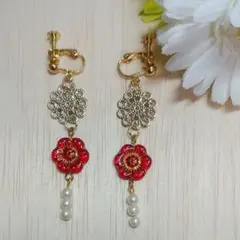 No.171　赤いお花♡ハンドメイドイヤリング