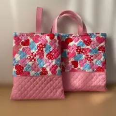 ハート　入園入学2点セット　レッスンバッグ　上履き入れ　キルティング