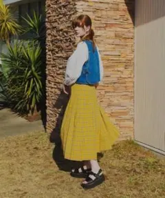 サマーチェックプリーツスカート(イエロー, FREE)