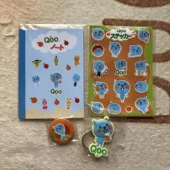 Qooキャラクターグッズ4点セット(ノート、シール、缶バッジ、キーホルダー)