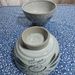 有田焼◇【手描き】◇呉須草花紋様◇飛び鉋◇麺鉢２客揃
