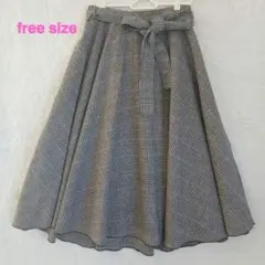 シェトワ レディースチェック柄フレアスカート リボンベルト フリーサイズ