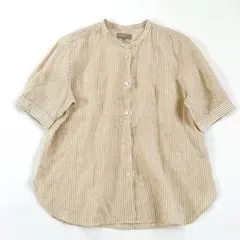 【美品】マーガレットハウエル 麻100％ 半袖リネンシャツ 1 ライトベージュ マーガレットハウエル バンドカラーシャツ リネン100％ 白 七分袖