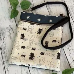 ☆ねこ☆サコッシュ☆ファスナー付外ポケット☆内ポケット付☆ハンドメイド