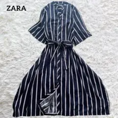 【美品】ZARA ロングシャツワンピース ベルト付き ストライプ ノーカラー