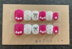ピンクドットネイル　リボン　ガーリーネイル　ラブリーネイル　ベリーショート