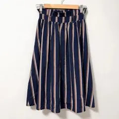 ◉clear　ひざ丈ハイウェストフレアスカート　ストライプ×ネイビー　F