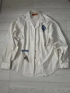 left Alone ネコ刺繍ホワイトストライプ シャツ L