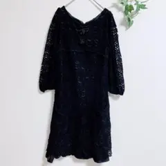 ローズブリット【M】総レース クロシェ編み ワンピース ひざ丈 透け感 黒