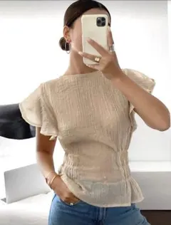 SHEINラウンドネックウエストシャーリングフリル 半袖ブラウス