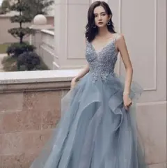 【着画あり】前撮り・二次会に◎ 大人可愛いブルーカラードレス フリル Aライン