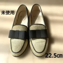 未使用ダイアナ風 パナマローファーアンリーフ22.5美品リボンフラットパンプス麻のサムネイル