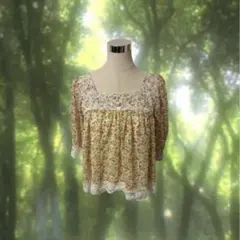 森ガール フェアリーグランジ 花柄 フリル付き 半袖チュニックトップス 黄色