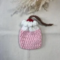 【ハンドメイド】編み物かぎ針編み デザート風巾着袋いちごソーダ風