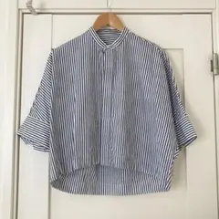美品 マカフィー バックギャザー タック ロングシャツ ストライプ 