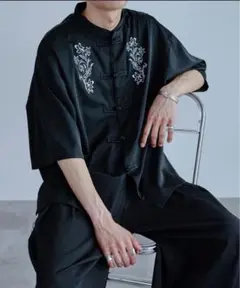 EllnoLoset　チャイナ刺繍シャツ ブラック