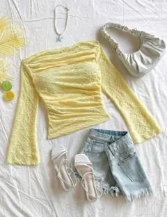 SHEIN オフショル レース イエロー シースルー 長袖トップス