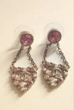 CHANEL ハート型ピアス ピンクストーン付き CCロゴ＋ハート☆ピアス