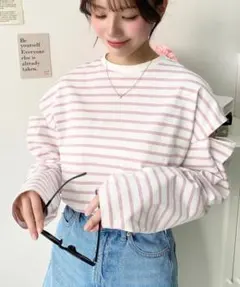 【週末セール】綿100%ボーダー ショルダーカットアウトロングスリーブTシャツ