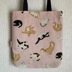 ハンドメイド　バッグ　猫柄　ミケ猫　ハチワレ　ピンク