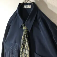 【個性派古着】日本製　ネクタイ付き長袖総柄デザインシャツ　刺繍入り　メンズM 紺