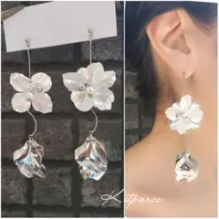 No.94 大ぶり マットシルバーフラワー×艶シルバー花びら ペタルピアス