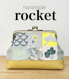 ハンドメイド パッチワーク がま口ポーチ お財布 ミナペルホネン イエロー 本革