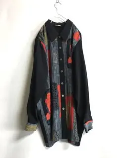 プリーツブラウス 総柄シャツ 薔薇 ブルーグレー 昭和レトロ 古着 ヴィンテージ