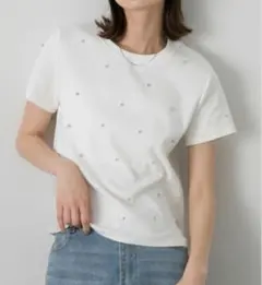 パール付き 半袖Tシャツ オフホワイト Mサイズタグ付き新品未使用のサムネイル