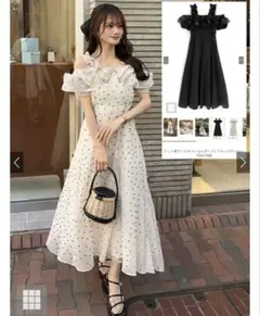アイボリー ドット柄 フリルオフショルダー ワンピース　GRL