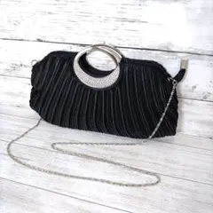 DRESS STAR 持ち手ビジュー サテンプリーツパーティークラッチバッグ 黒