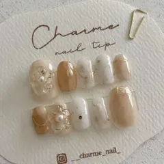 現品　No.39 ネイルチップ　ニュアンス　オレンジブラウン　ぷっくり　フラワー