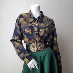 ヴィンテージ ブラウス 総柄 花柄 紺 カーキ グレー 紫 レトロ