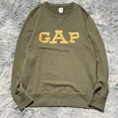 雰囲気抜群 GAP 前Vガゼット ビンテージ加工風ロゴスウェット カーキ L相当