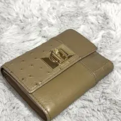 希少 FURLA 三つ折り財布 ミニ財布 クロコ×オーストリッチ グレージュ