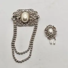 【2点セット】ヴィンテージ パール ブローチ 揺れる アンティーク調 大ぶり